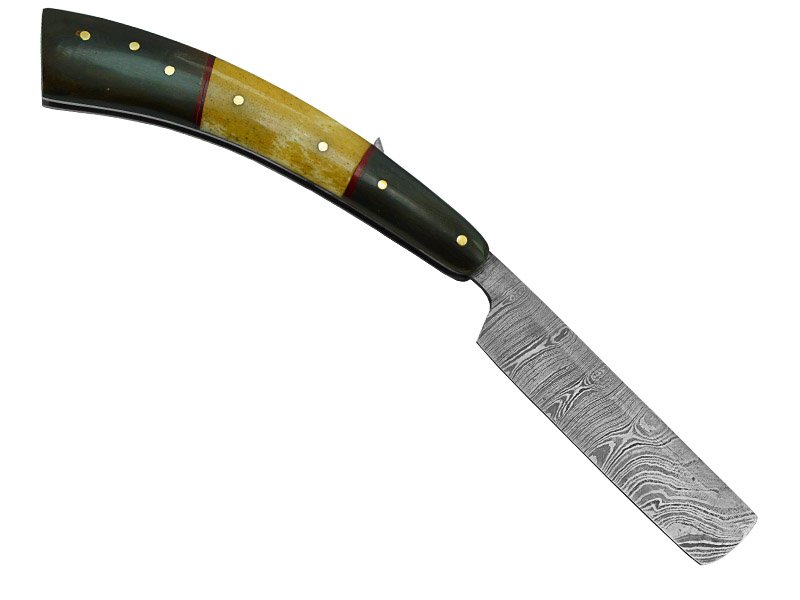 Navalha para colecionador forjada em aço damasco. Empunhadura em osso de boi e chifre de búfalo, 24 cm