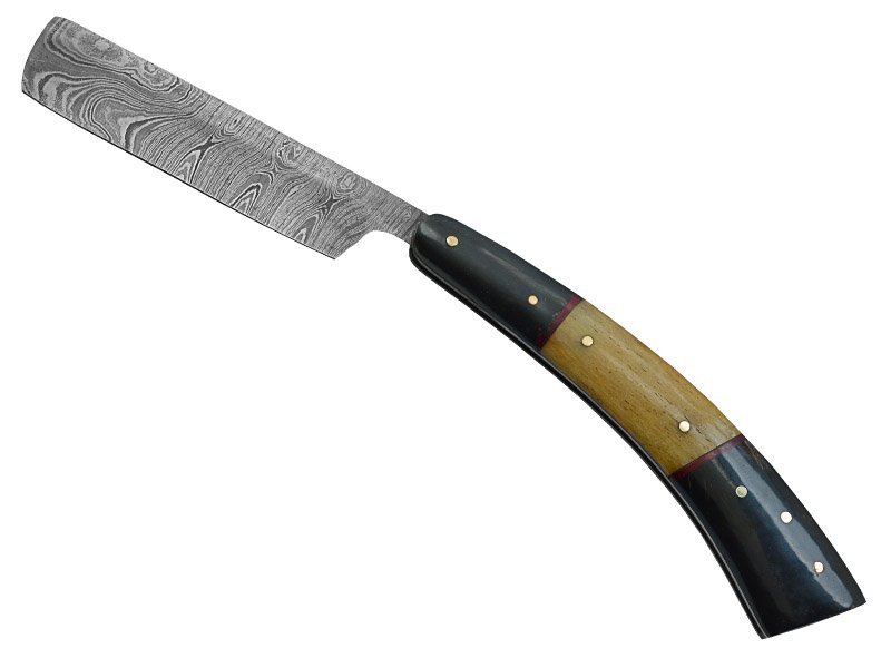 Navalha para colecionador forjada em aço damasco. Empunhadura em osso de boi e chifre de búfalo, 24 cm
