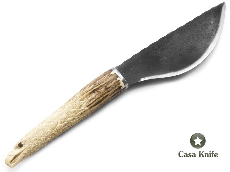 Sabre faca para correar em aço 1080 oxidado com empunhadura em chifre de cervo esculpido 29 cm