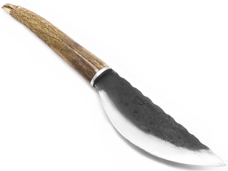 Sabre faca para correar em aço 1080 oxidado com empunhadura em chifre de cervo esculpido 29 cm