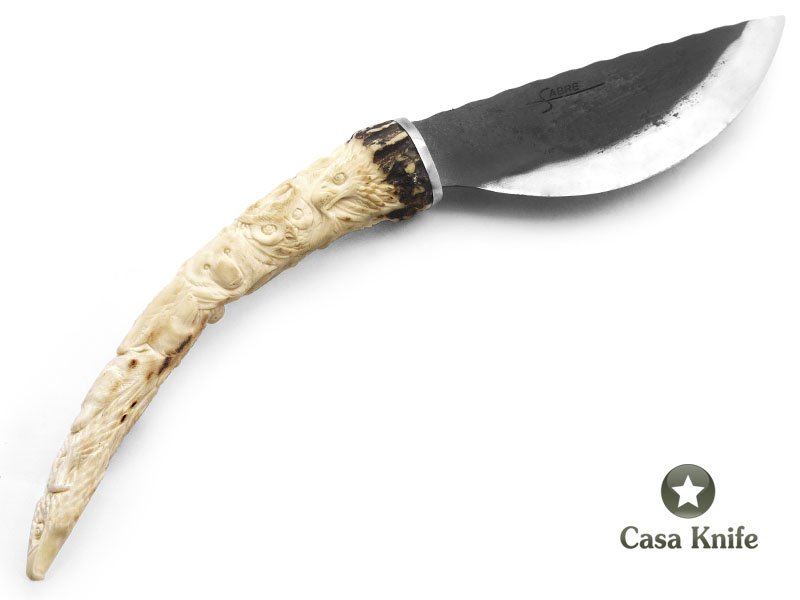 Sabre faca para correar em aço 1080 oxidado com empunhadura em chifre de cervo esculpido 30 cm