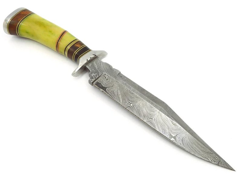 Steve William´s Faca em aço damasco para colecionador, com empunhadura em osso de camelo tingido na cor verde 34 cm