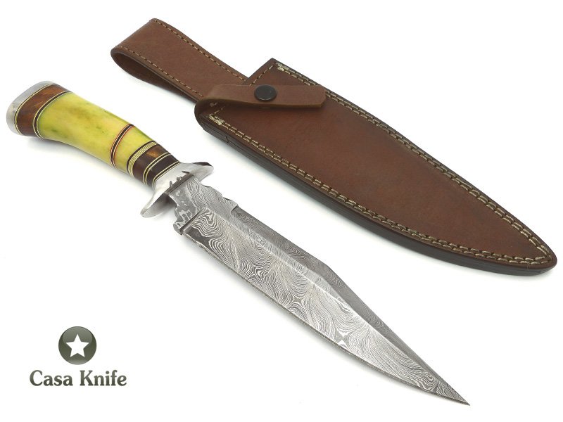 Steve William´s Faca em aço damasco para colecionador, com empunhadura em osso de camelo tingido na cor verde 34 cm