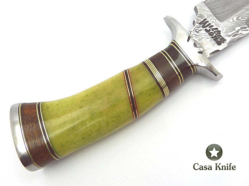 Steve William´s Faca em aço damasco para colecionador, com empunhadura em osso de camelo tingido na cor verde 34 cm