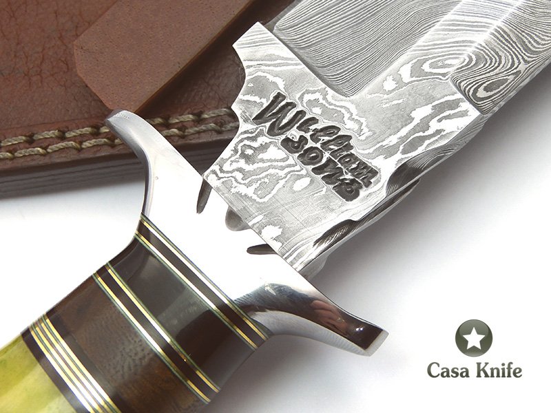 Steve William´s Faca em aço damasco para colecionador, com empunhadura em osso de camelo tingido na cor verde 34 cm