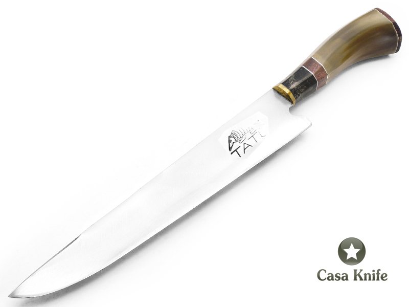 Tatú faca para colecionador em aço carbono com empunhadura em osso e madeira 36 cm